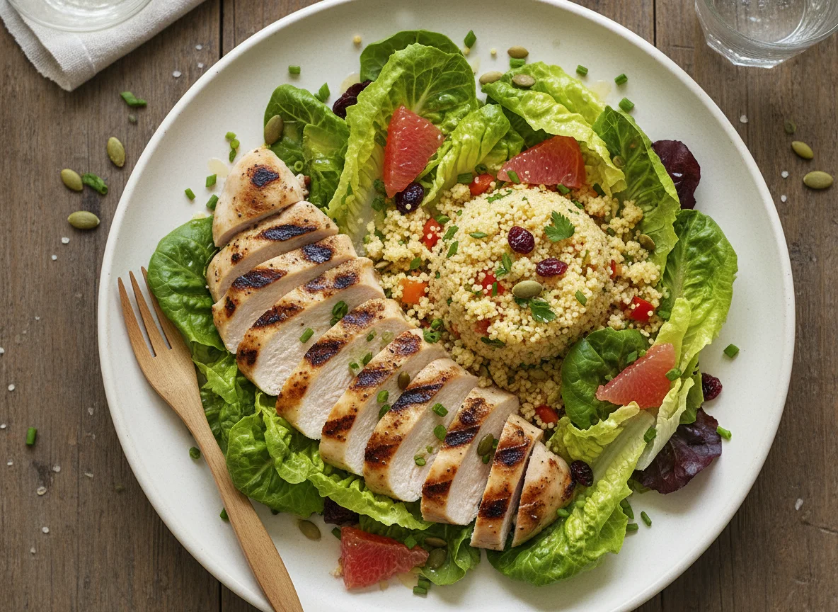 Salada de frango grelhado com cuscuz e alface photo