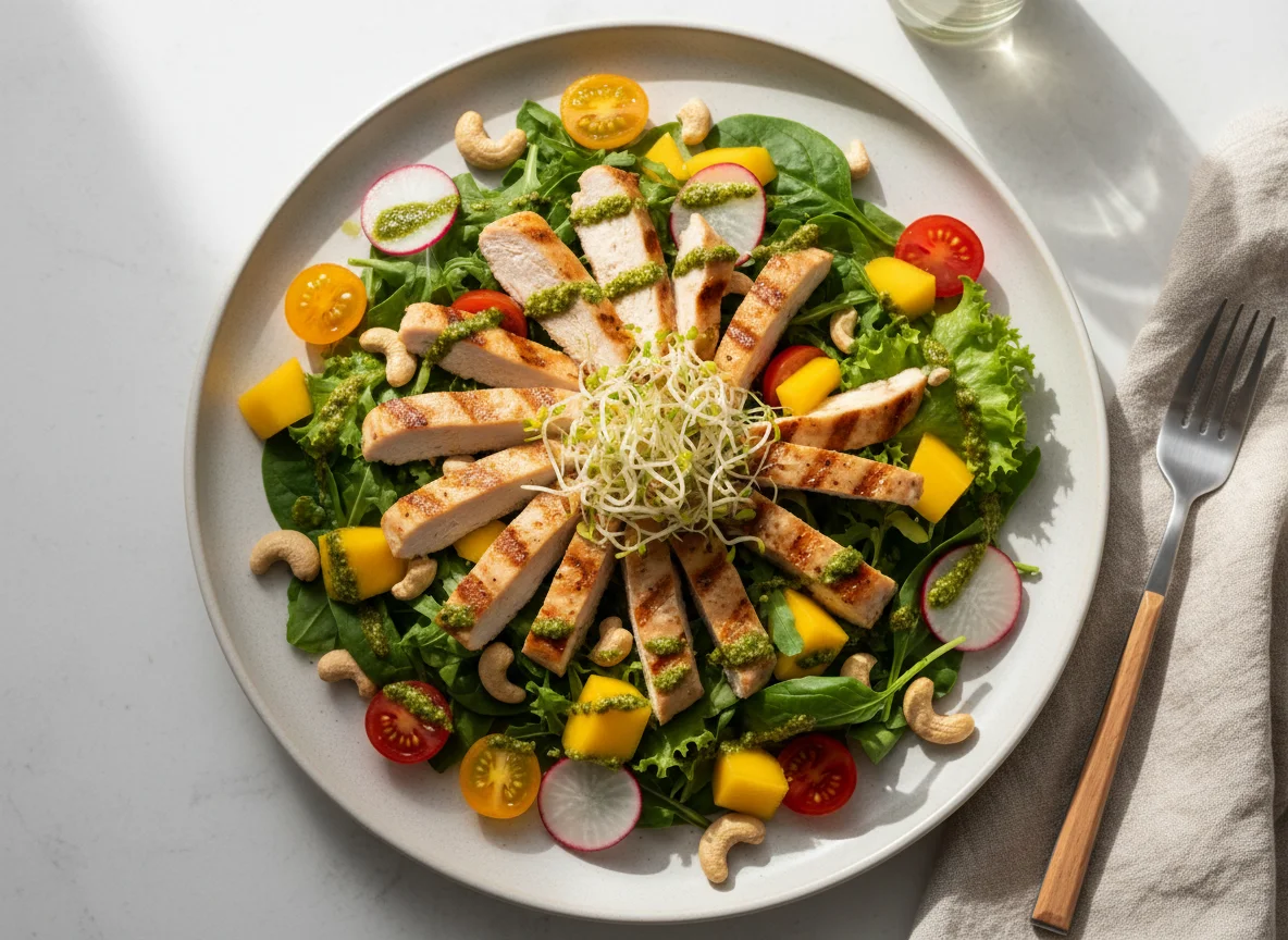 Salada de frango grelhado com manga e castanhas photo