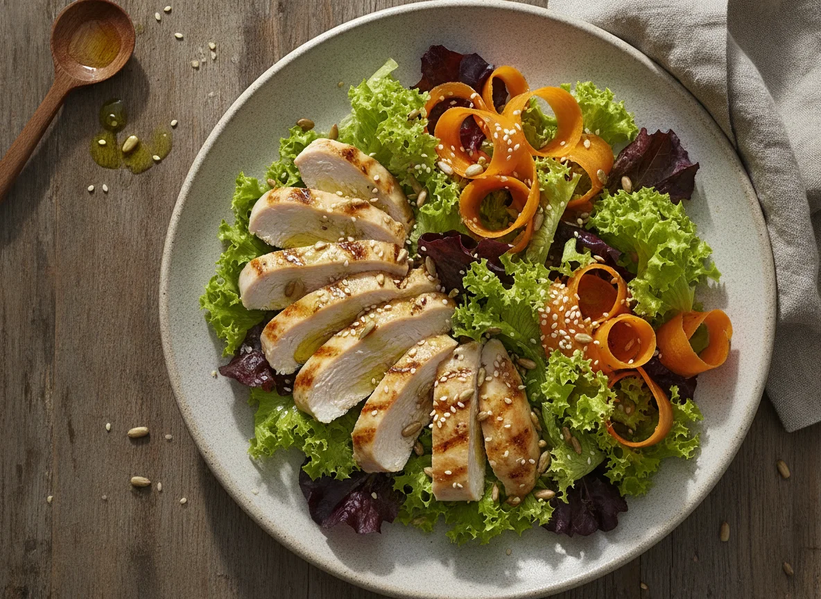Salada de Frango Grelhado com Mix de Folhas e Sementes photo