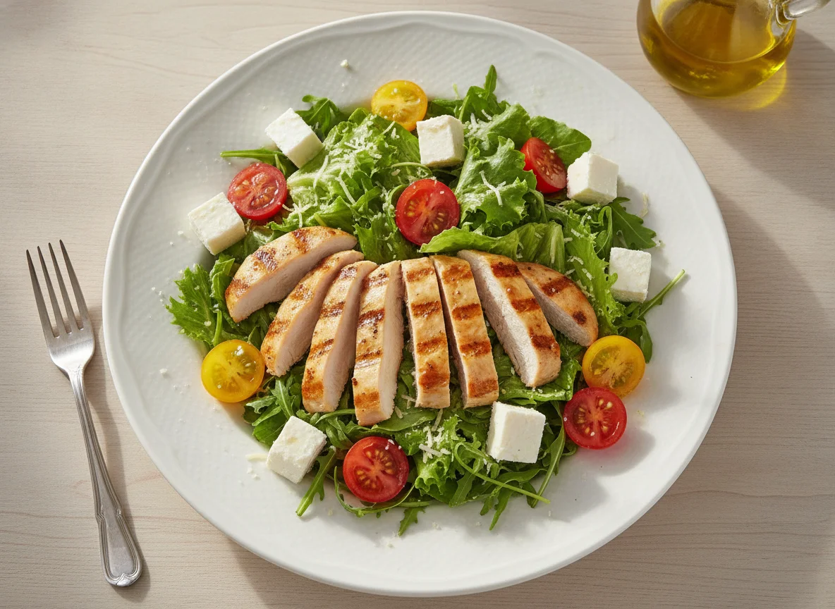 Salada de Frango Grelhado com Queijo e Tomate Cereja photo