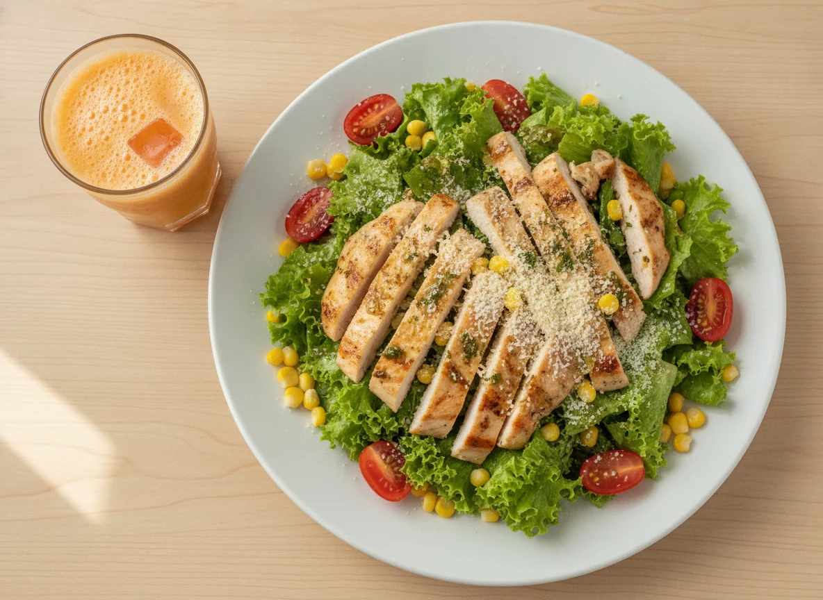Salada de Frango Grelhado com Suco de Mamão photo