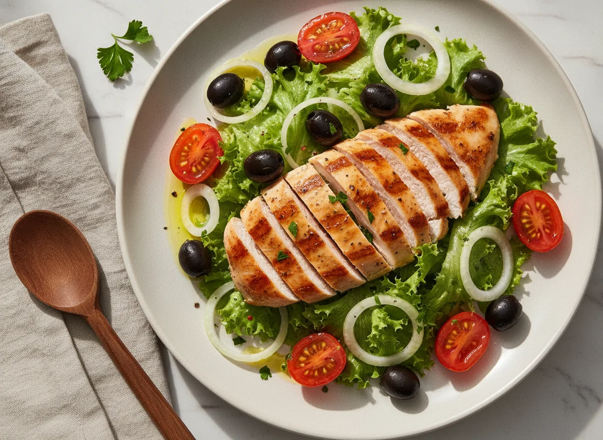 Salada de Frango Grelhado com Tomate Cereja e Azeitonas photo