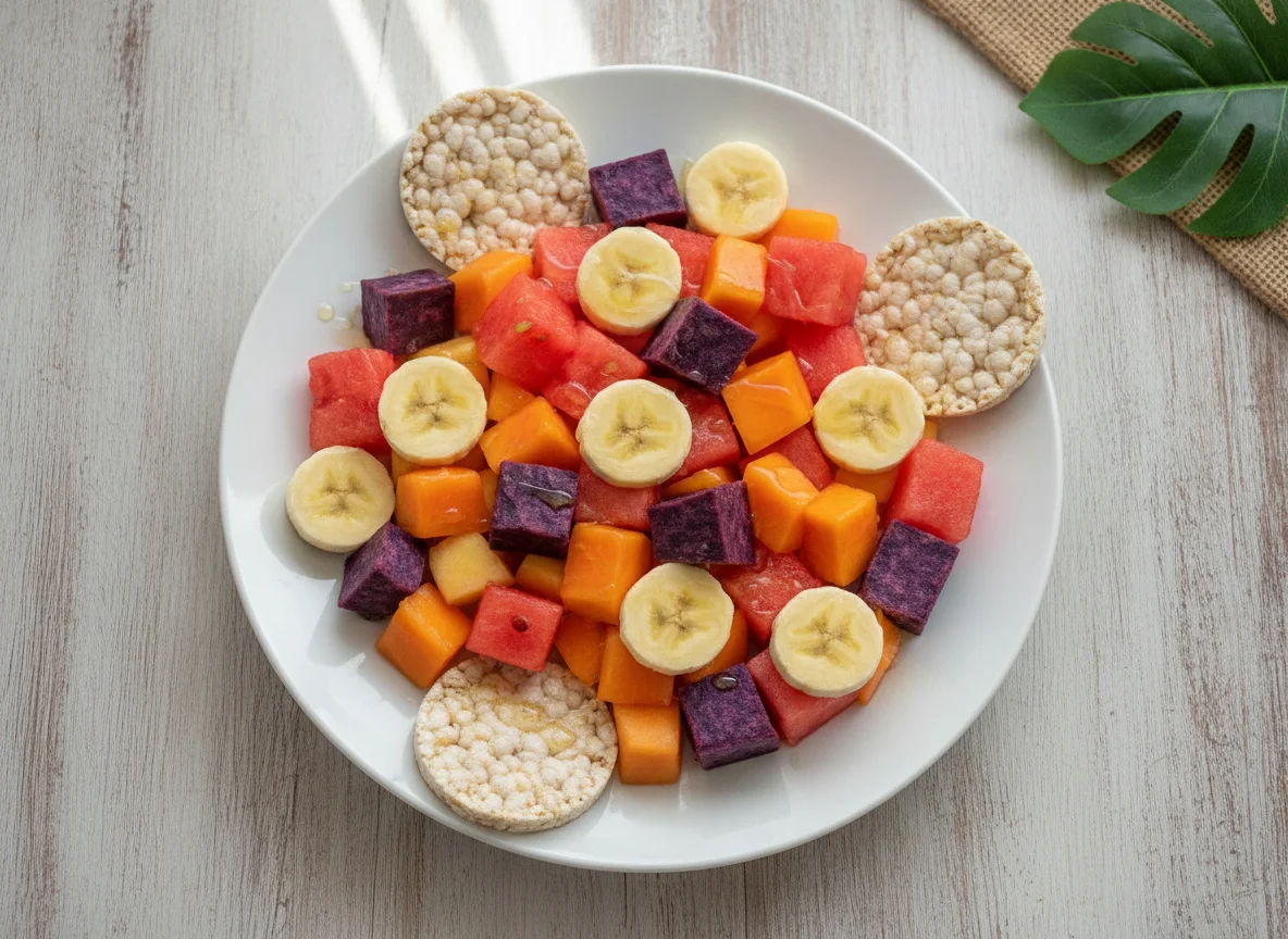Salada de frutas com biscoito de arroz e batata doce photo