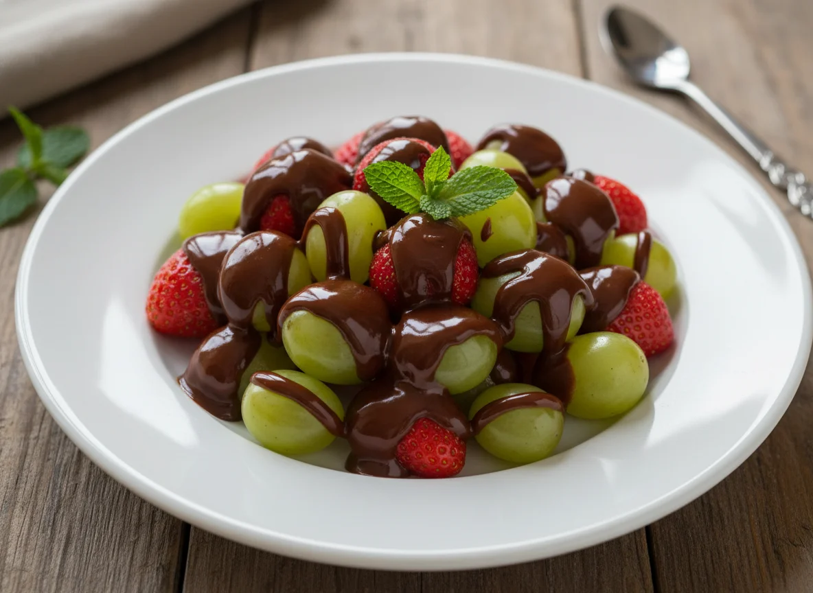 Salada de frutas com cobertura de chocolate photo