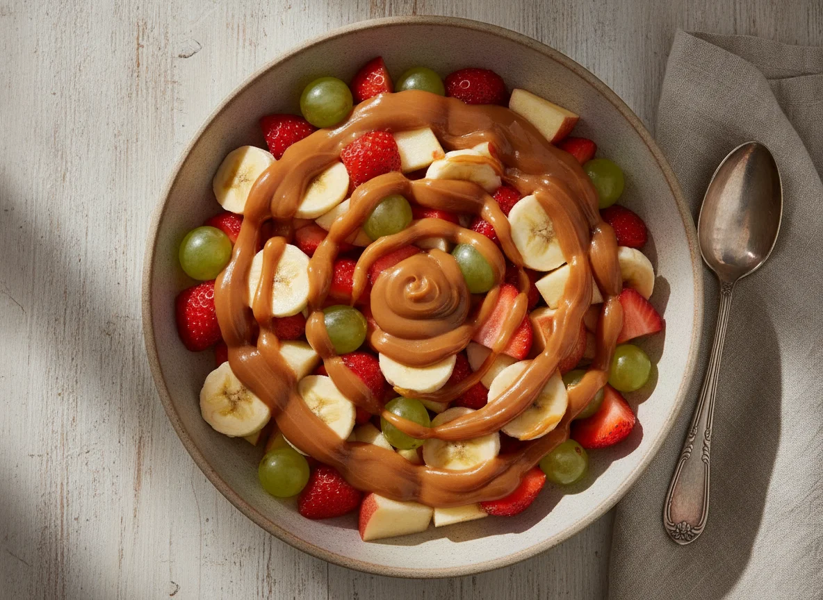 Salada de frutas com cobertura de doce de leite photo