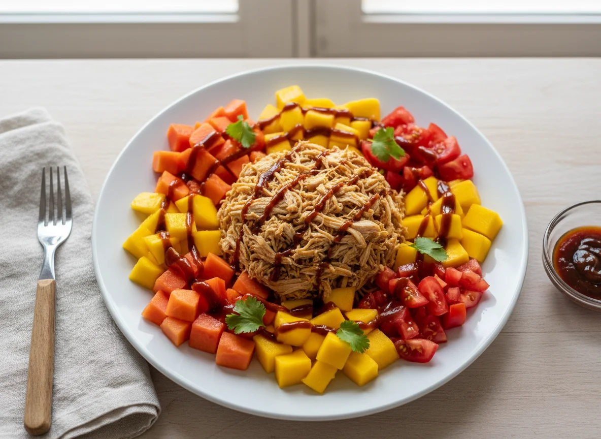 Salada de frutas com frango desfiado e molho photo