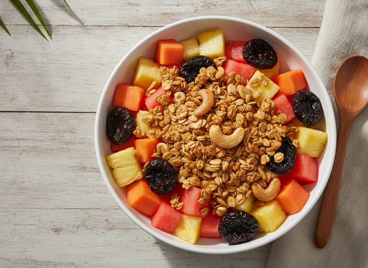 Salada de frutas com granola e ameixa seca photo
