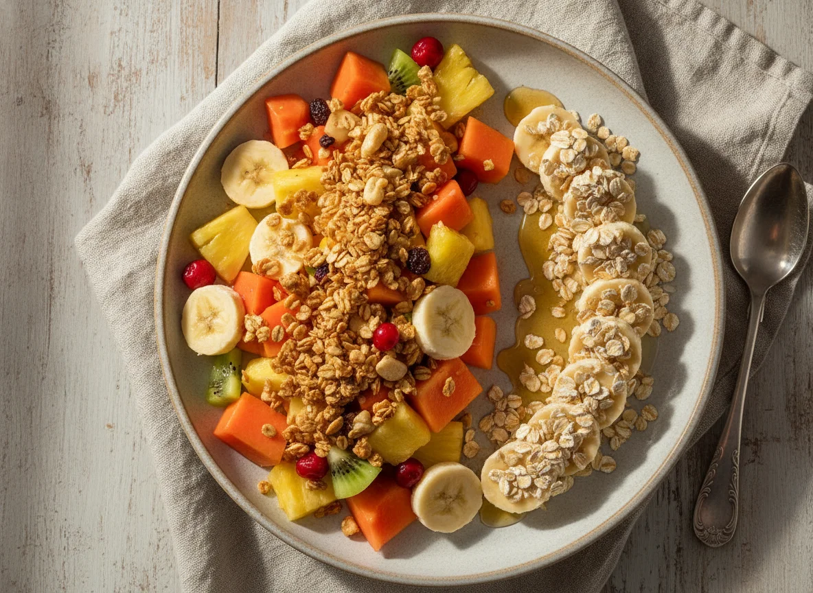 Salada de frutas com granola e banana com aveia photo