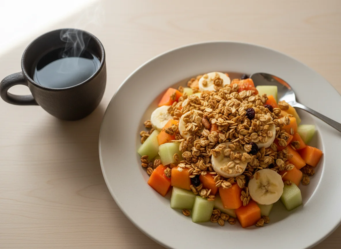 Salada de frutas com granola e café photo