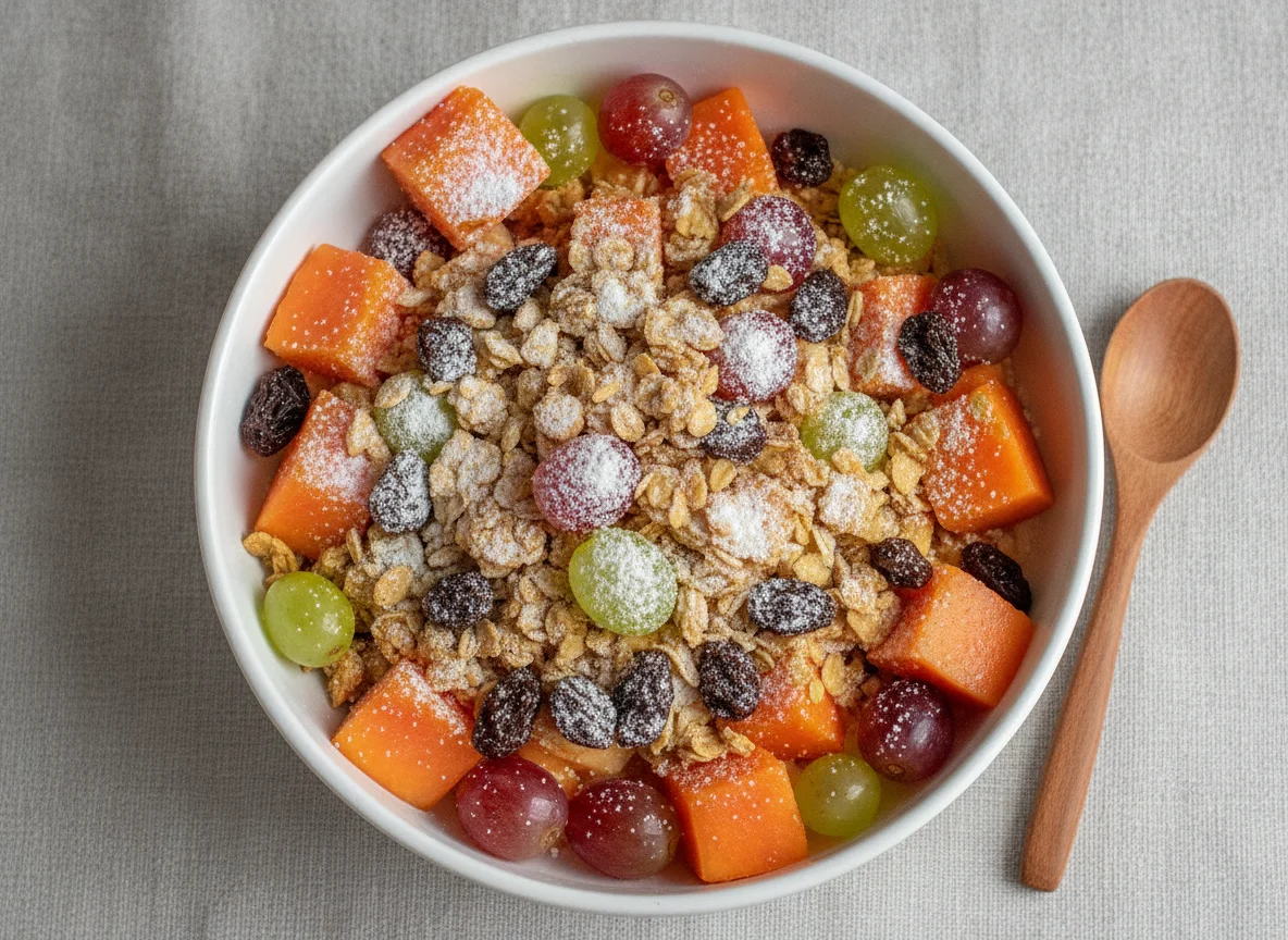 Salada de frutas com granola e leite em pó photo