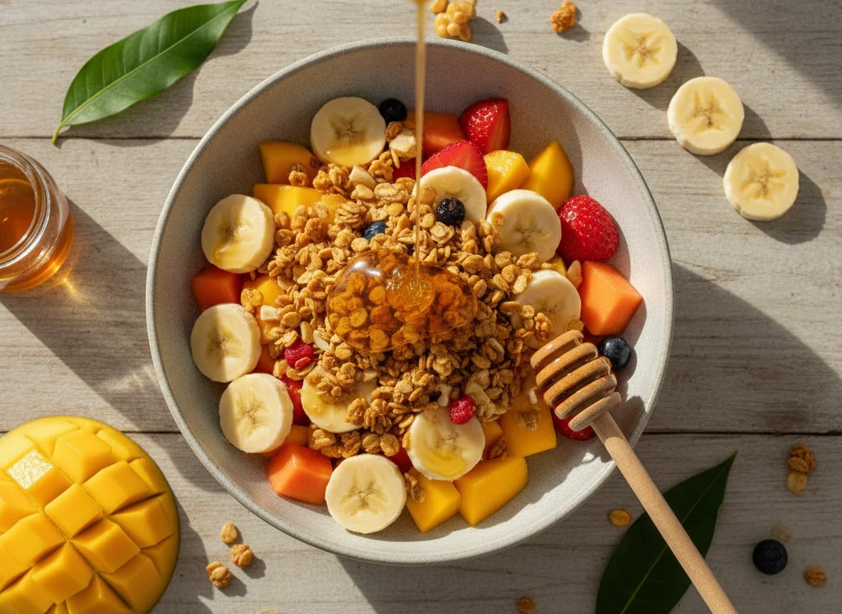 Salada de frutas com granola e mel photo