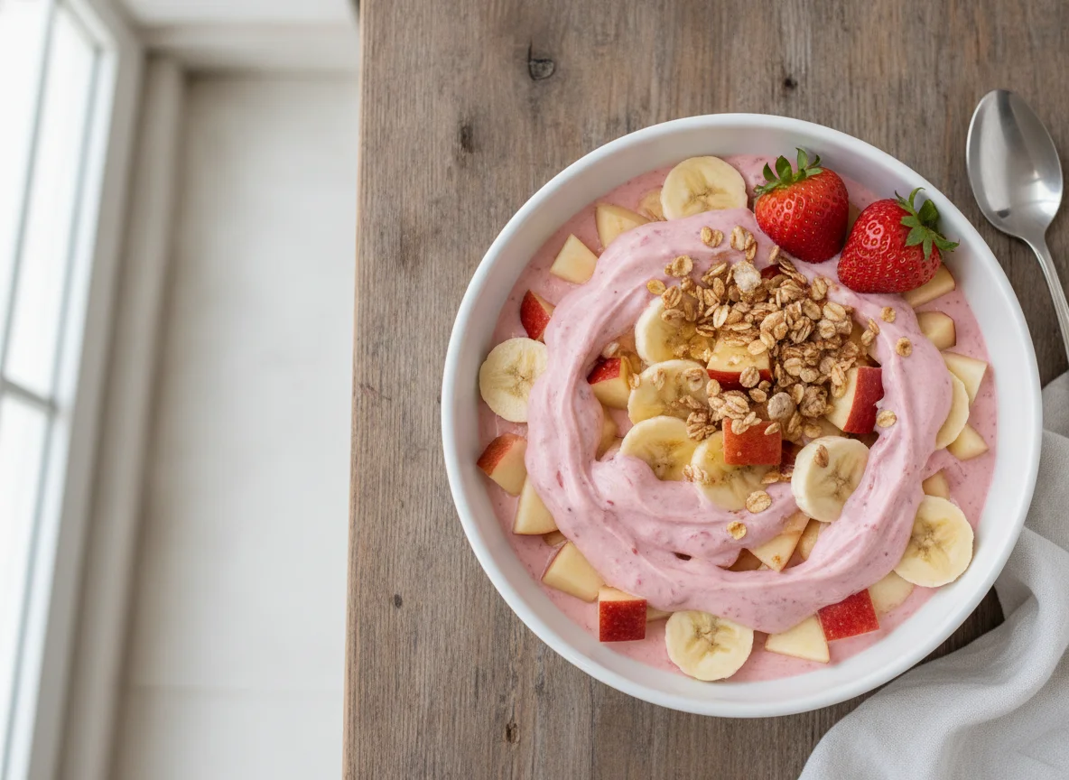 Salada de frutas com iogurte de morango photo