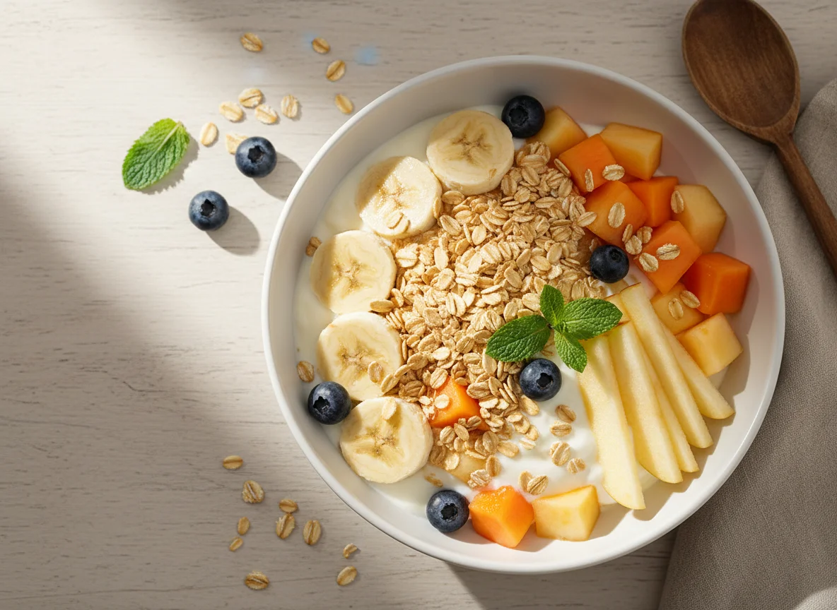 Salada de frutas com iogurte e farelo de aveia photo