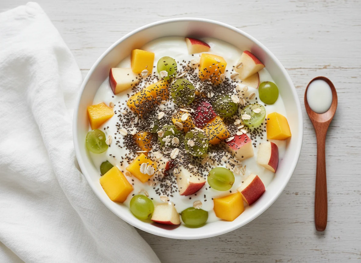 Salada de frutas com iogurte e sementes photo