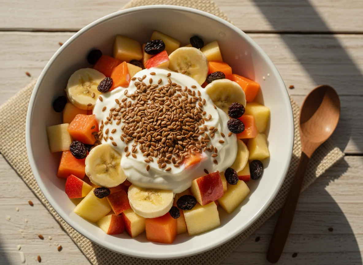 Salada de frutas com iogurte e sementes de linhaça photo
