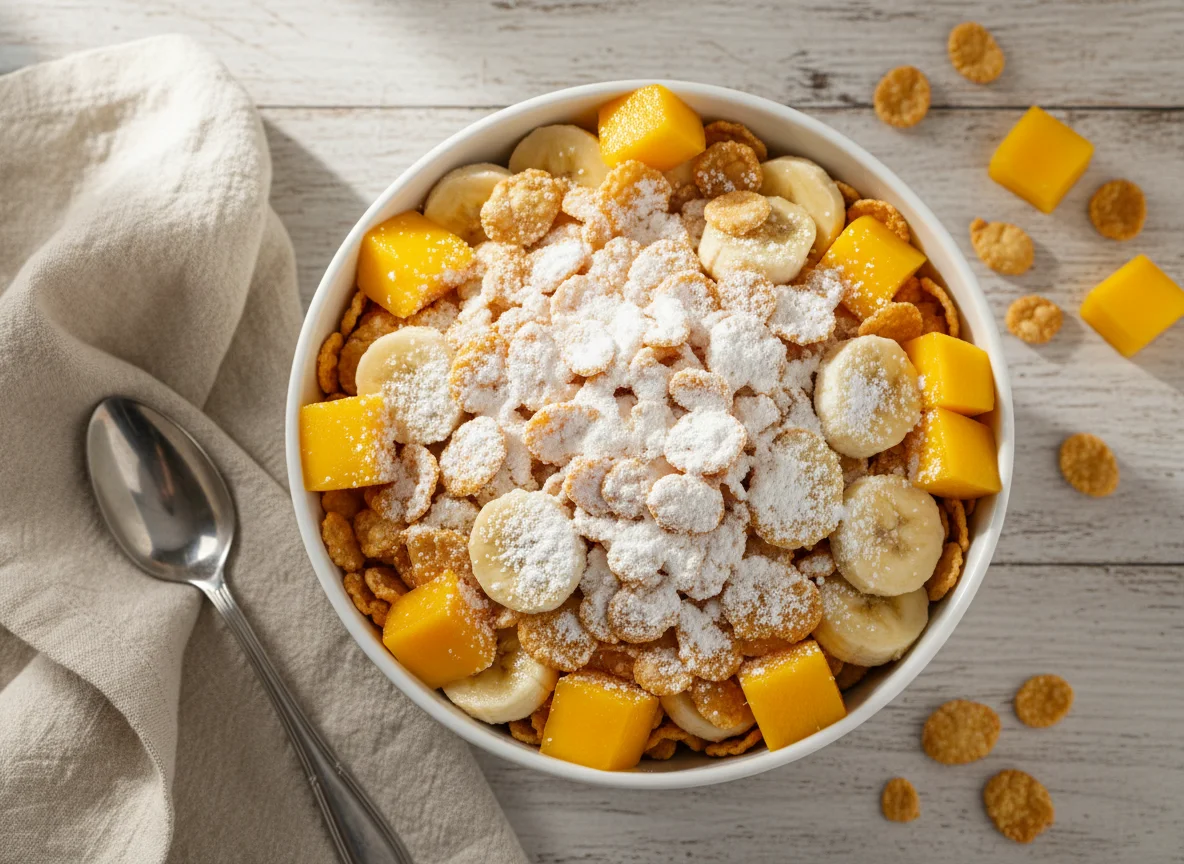 Salada de frutas com leite em pó e cereal photo