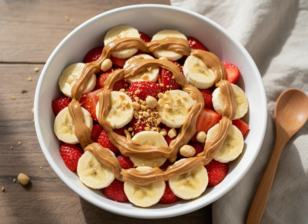 Salada de frutas com pasta de amendoim photo