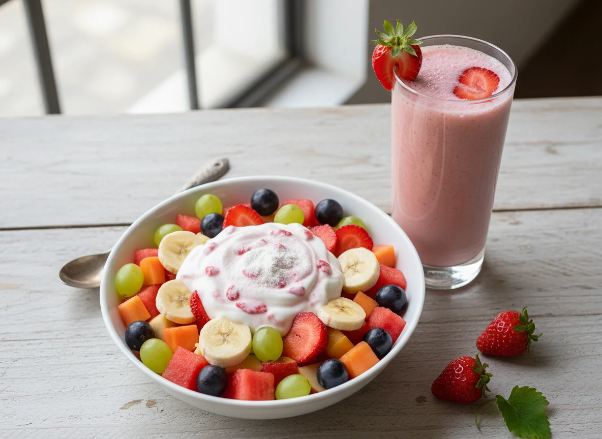 Salada de frutas com shake de morango e proteína photo