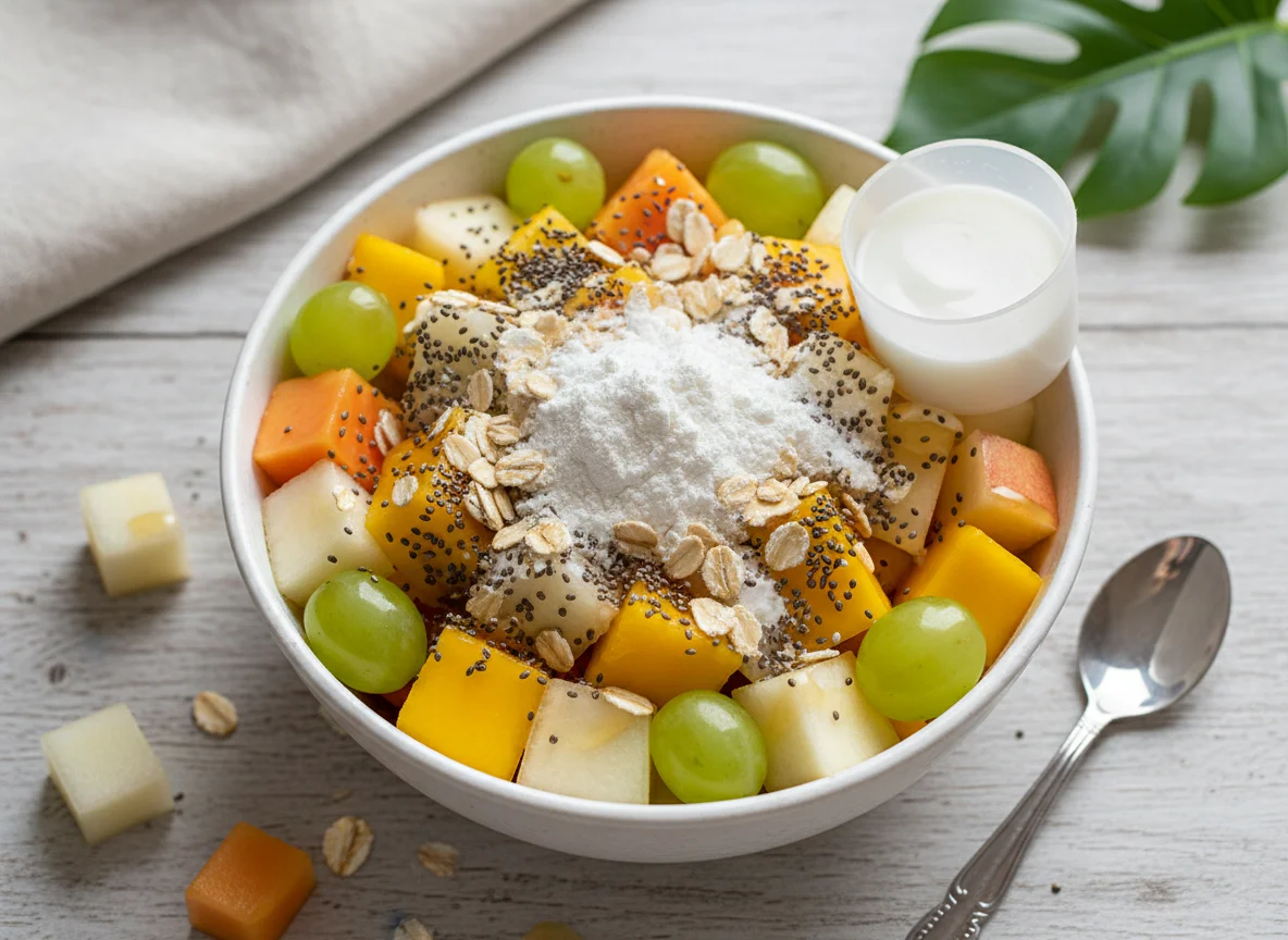 Salada de frutas com whey protein e leite em pó photo