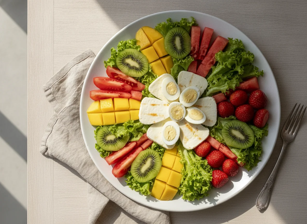 Salada de Frutas e Vegetais com Queijo photo