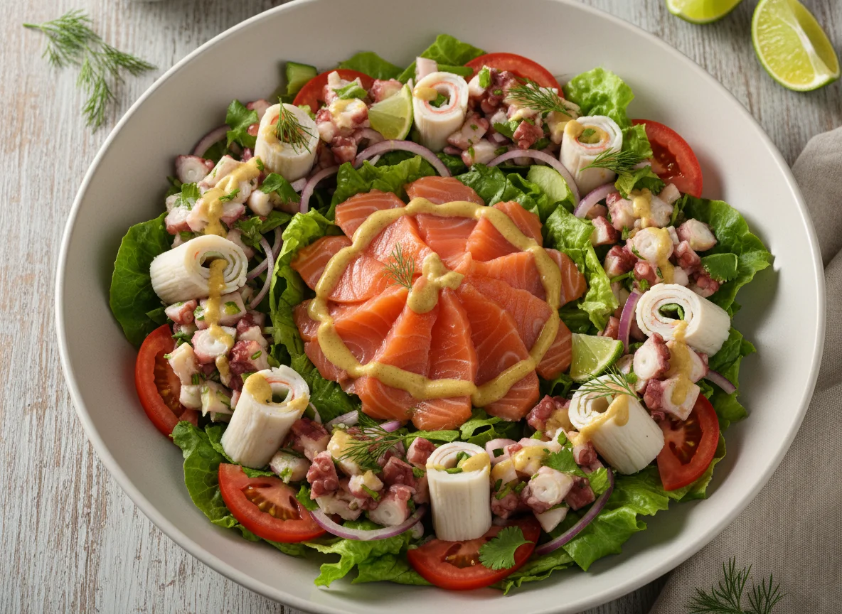 Salada de frutos do mar com salmão e kani photo