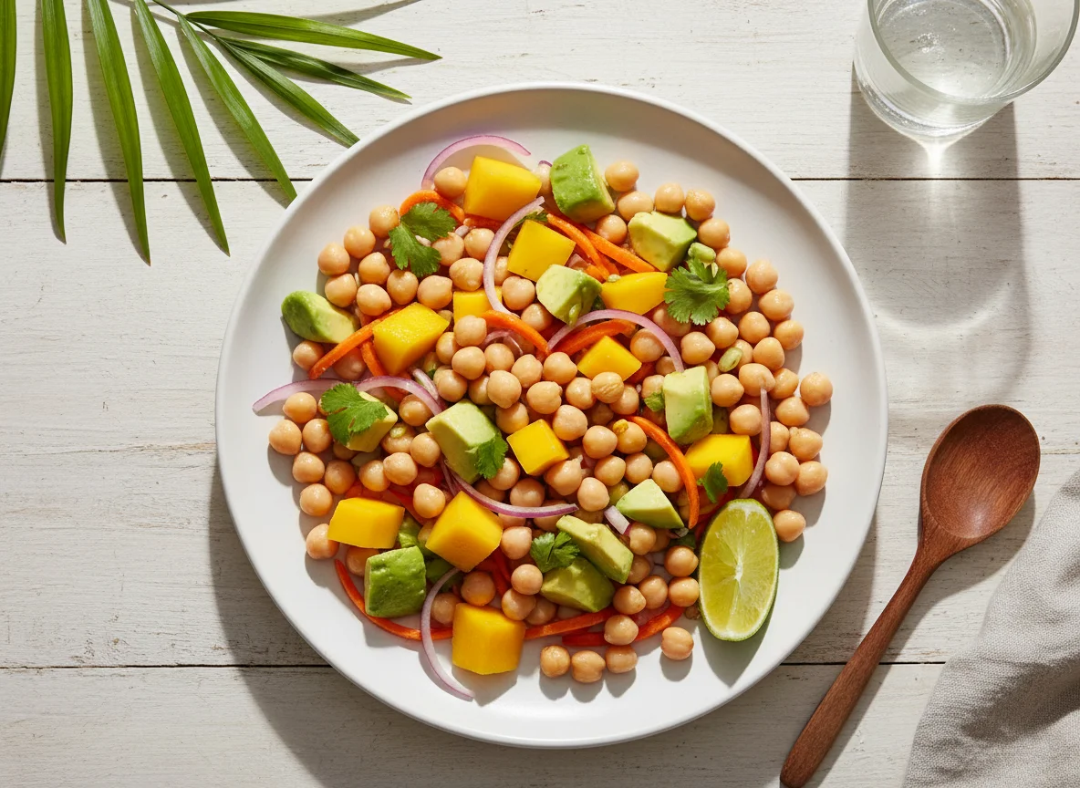 Salada de grão de bico com abacate e manga photo