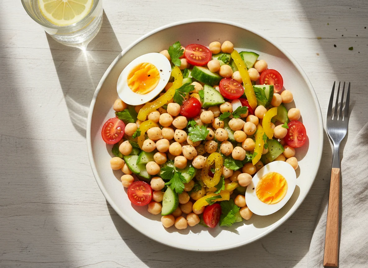 Salada de grão de bico com ovo cozido photo
