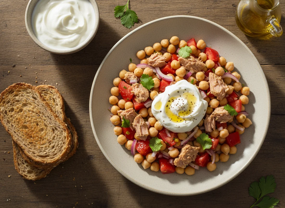 Salada de grão de bico e atum com iogurte e torradas photo