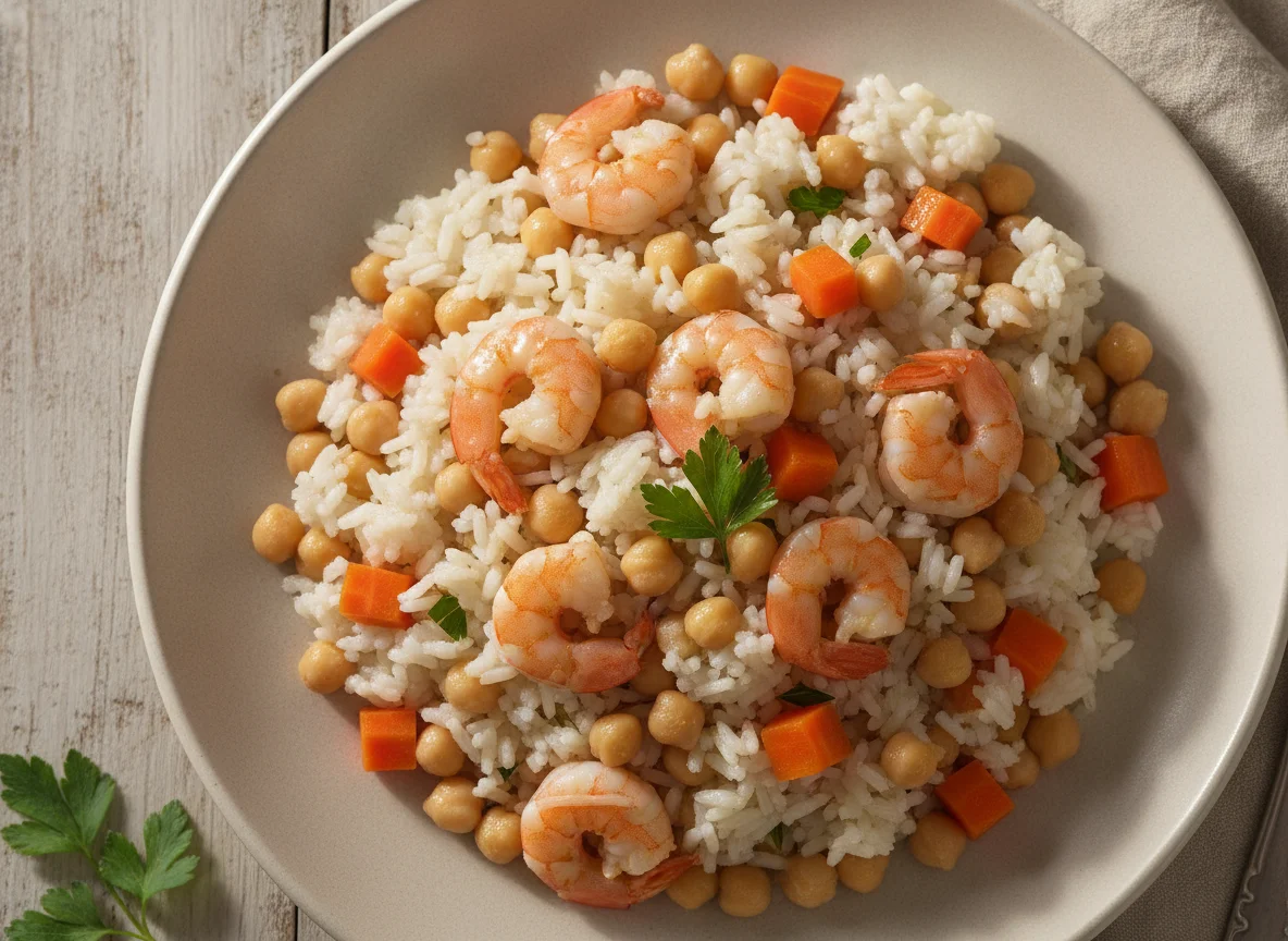 Salada de grão-de-bico com arroz e camarão photo