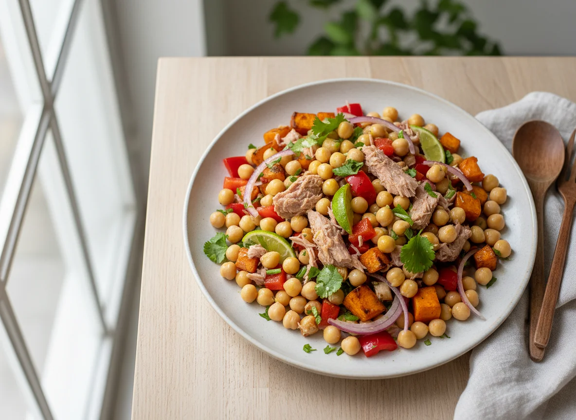 Salada de grão-de-bico com atum e vegetais photo