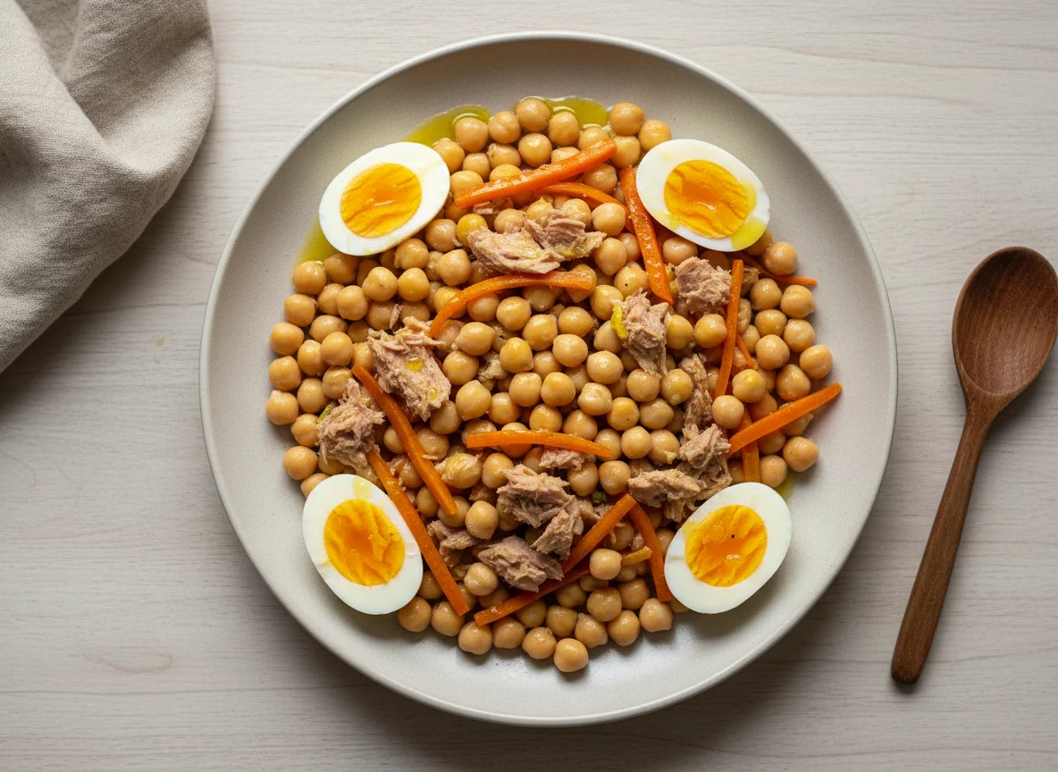 Salada de grão-de-bico com atum, ovo e cenoura photo