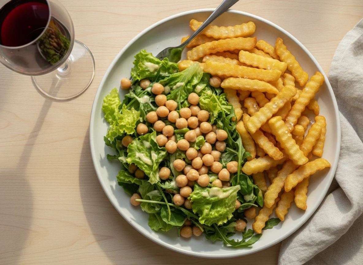 Salada de grão-de-bico com batatas fritas e vinho tinto photo
