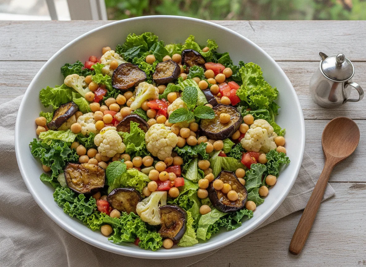 Salada de Grão-de-Bico com Berinjela e Folhas photo