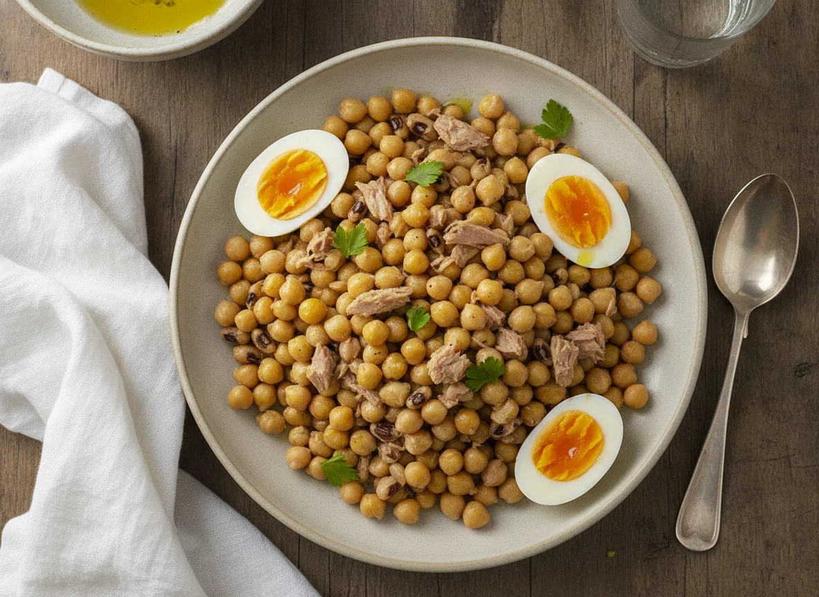 Salada de Grão-de-Bico com Feijão Frade, Atum e Ovo photo