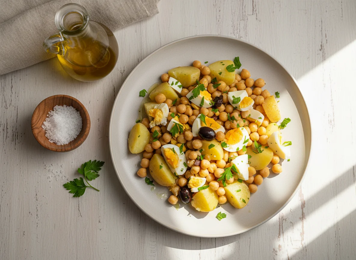 Salada de grão-de-bico com ovo e batata photo