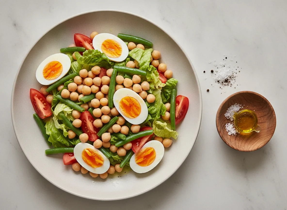 Salada de Grão-de-Bico com Ovo e Feijão Verde photo