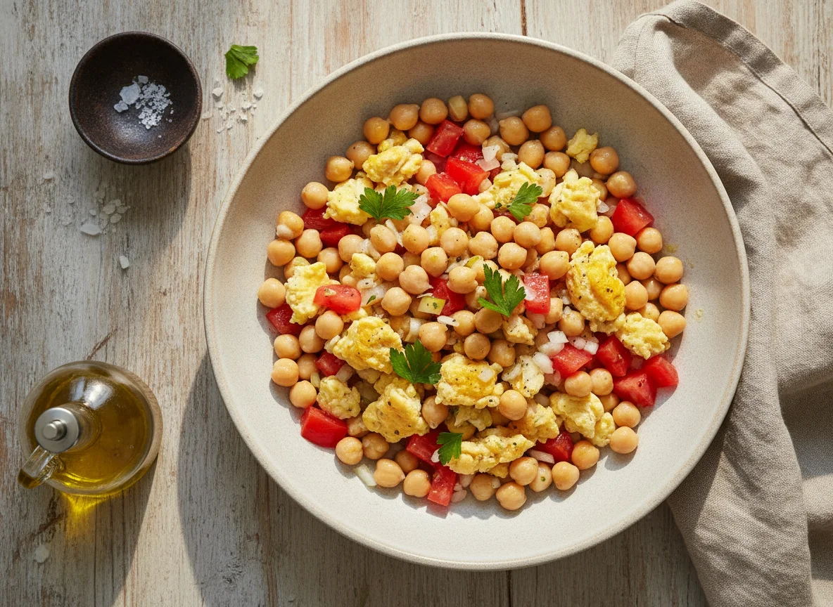 Salada de grão-de-bico com ovos mexidos e vinagrete photo