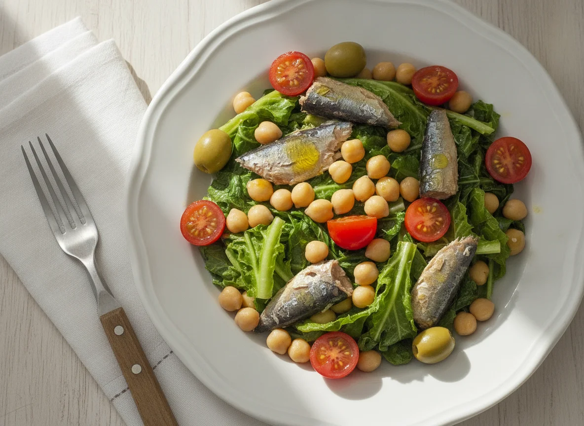 Salada de Grão-de-Bico com Sardinha e Couve Refogada photo