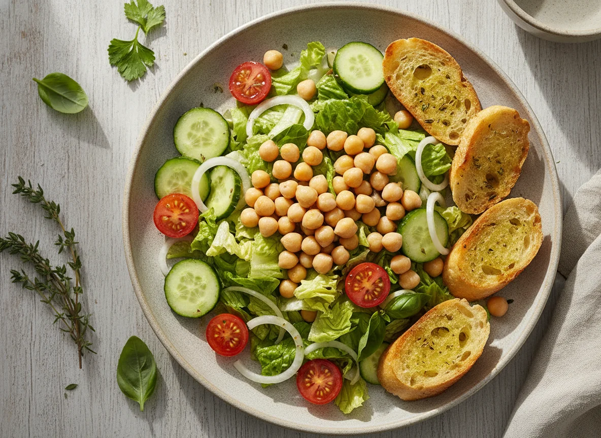 Salada de Grão-de-Bico com Torradas de Baguete photo