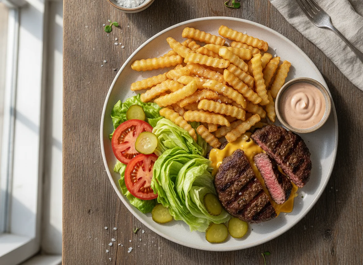 Salada de Hambúrguer Desconstruída com Batatas Fritas photo