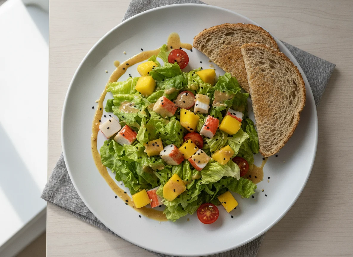 Salada de Kani com Manga e Pão Integral photo
