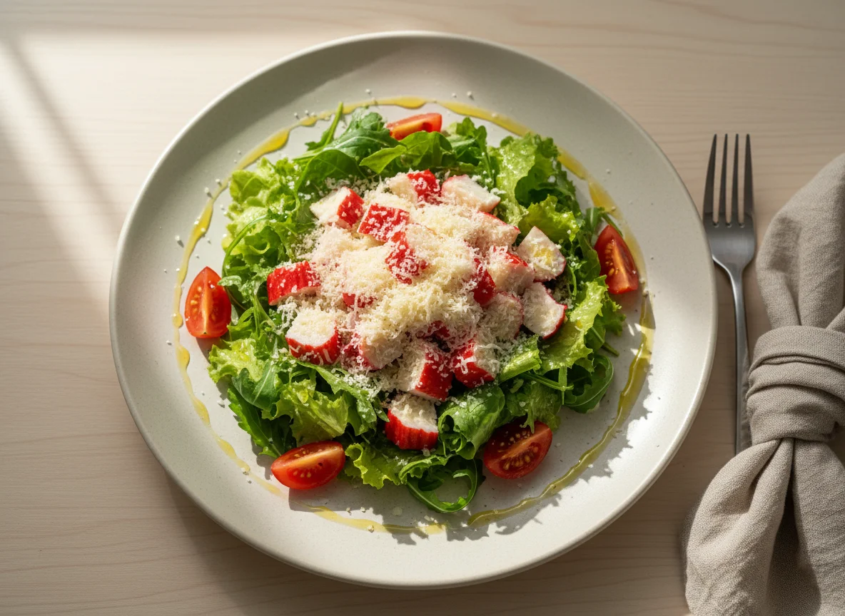 Salada de Kani-Kama com Queijo e Folhas Verdes photo