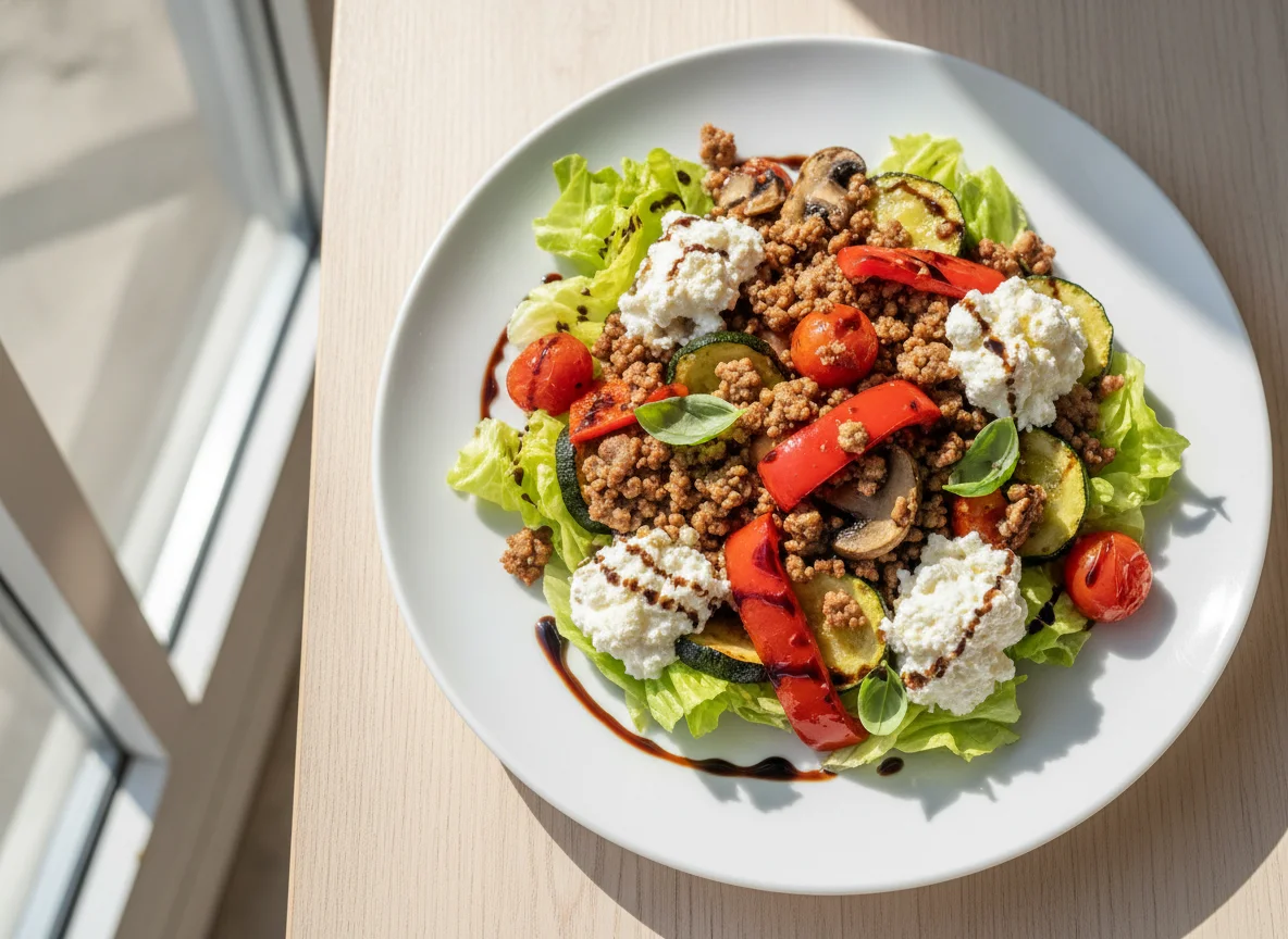 Salada de legumes assados com carne picada e queijo cottage photo