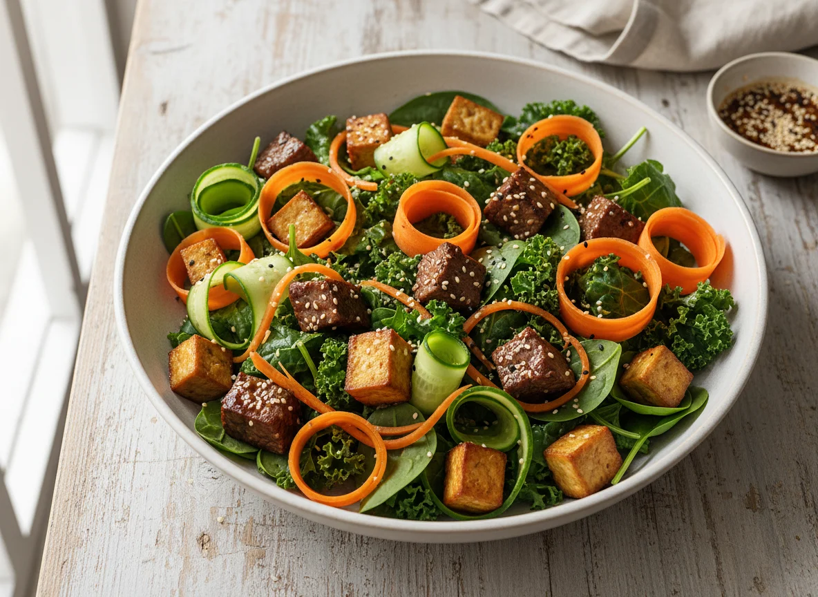 Salada de legumes com tofu ou carne escura photo