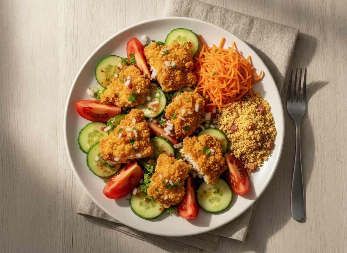 Salada de legumes e frango empanado photo