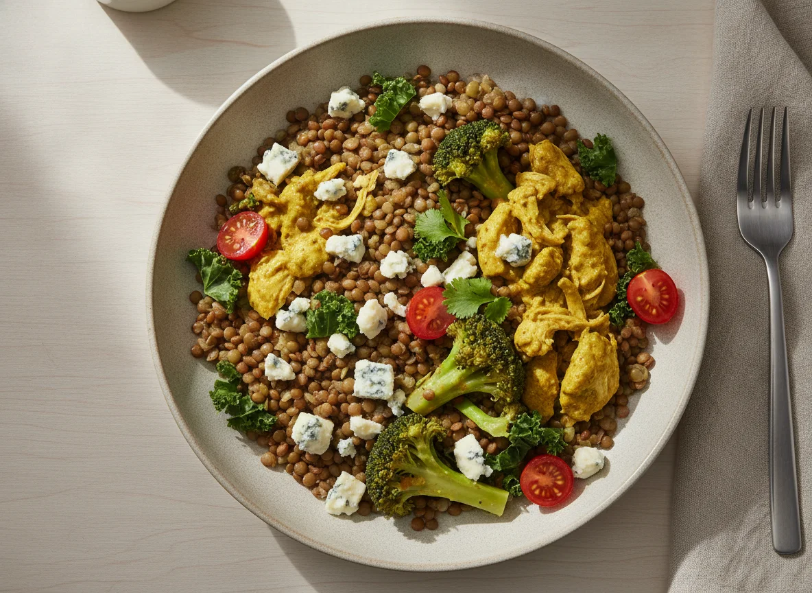 Salada de Lentilha com Queijo Gorgonzola, Brócolis e Frango Cremoso photo