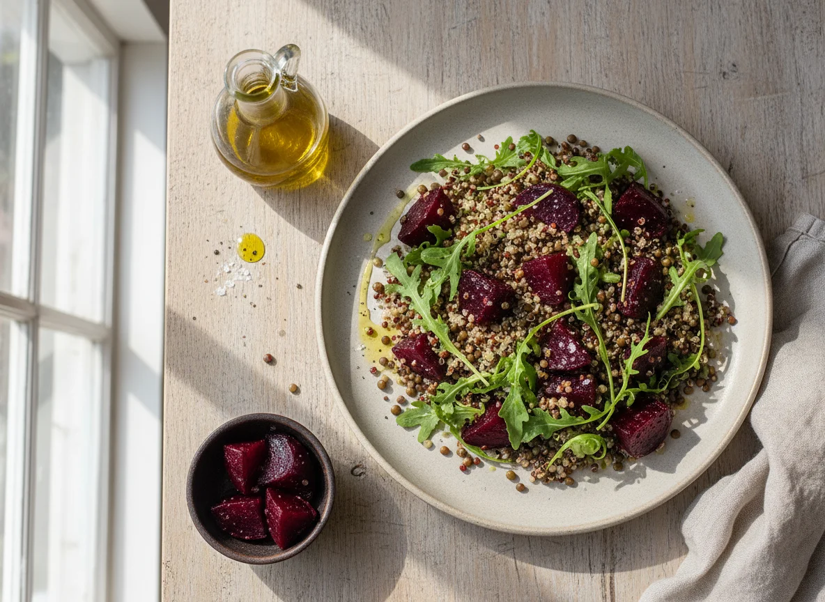 Salada de lentilha e quinoa com rúcula e beterraba assada photo