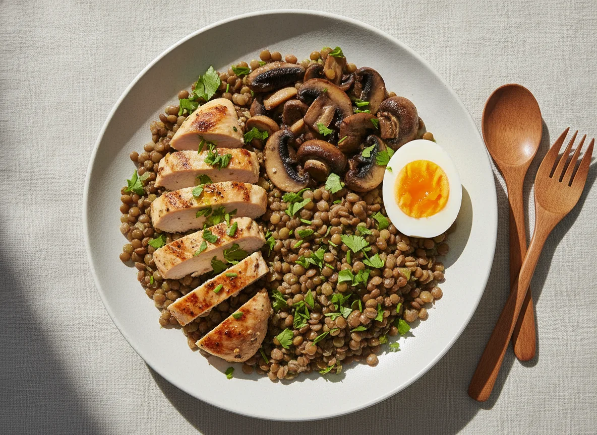 Salada de lentilhas com frango, cogumelos e ovo cozido photo