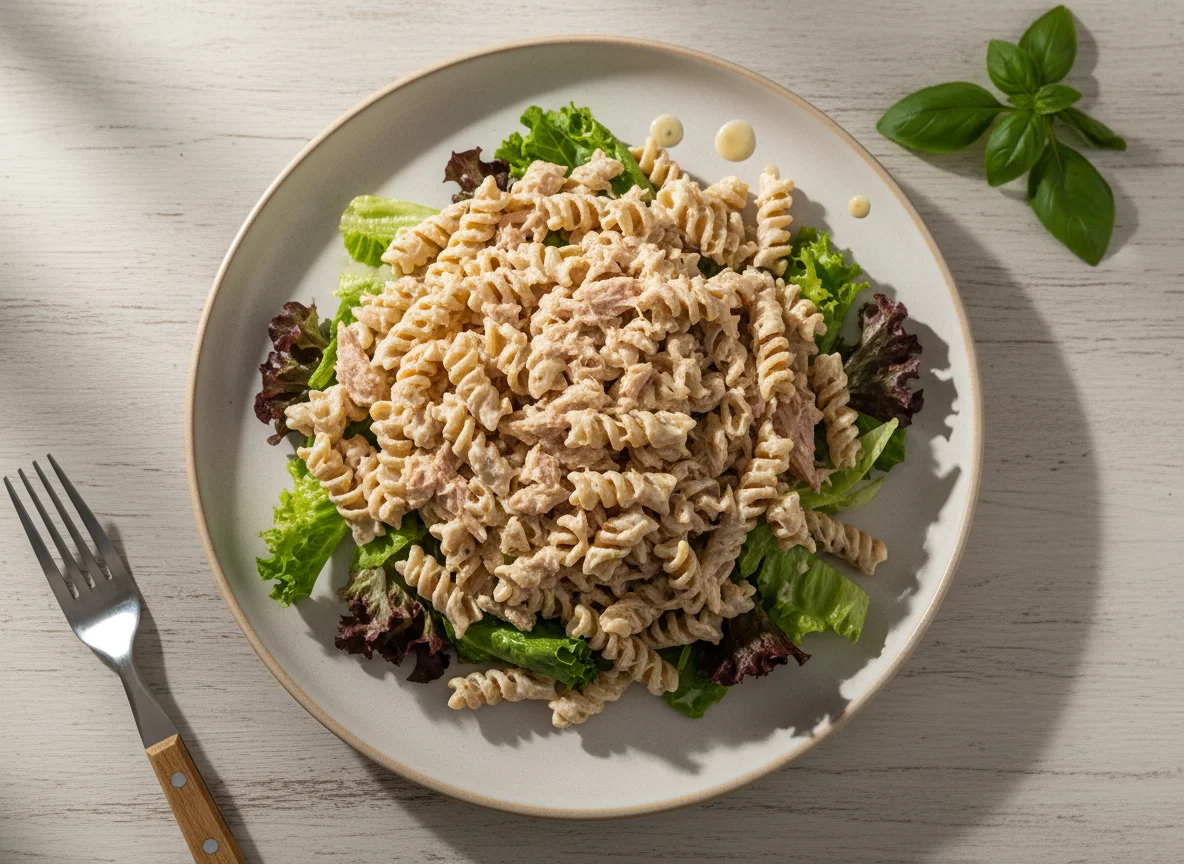 Salada de macarrão com atum e folhas photo
