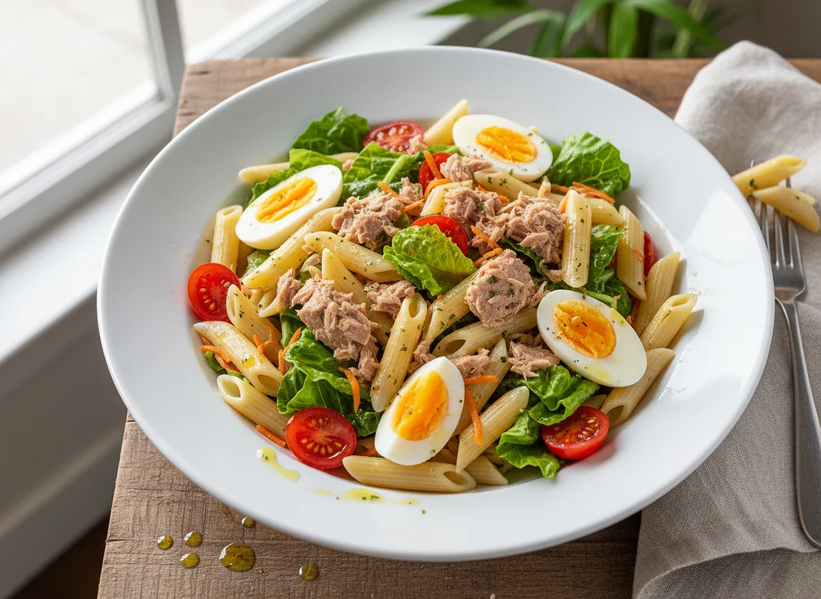 Salada de macarrão com atum e ovos photo